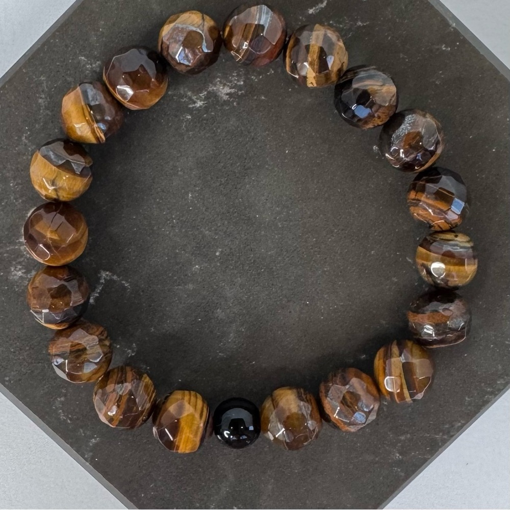 Hand Crafted Faceted Tiger Eye Stretch Bracelet Brown 6.75" Beaded NWT - Picture 3 of 12